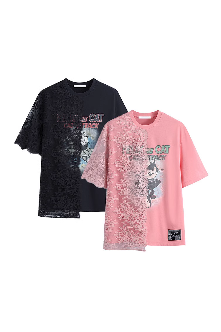レース切替パッチ装飾イラストプリントTシャツ　2色入 - liwisi
