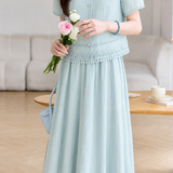 Delicate Elegant Ruffle Embroidery Top & Midi Skirt Two-piece Set