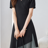 Elegant Commuter Diagonal Button Irregular Mesh Spliced Dress