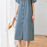 French Embroidered Single-breasted Denim Short Sleeve Dress