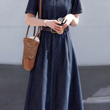 Elegant Round Neck Waist Cinched Denim Dress