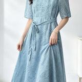 Elegant Commuter Jacquard Sequin Tie Waist Dress