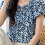 Fresh Floral Shirt With Gathered Detailing, Waist Tie And Puffed Short Sleeves