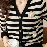 French Stripe V-Neck Light Knit with Camellia Embroidery