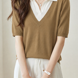 Casual Fake Two-Piece Lapel Mid-Sleeve Knit Top