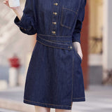 Casual Lapel Waist-Tied Long Sleeve Denim Dress