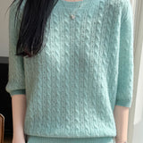 Elegant Commuter Crew Neck Cable Knit Pullover Five-Quarter Sleeve Top