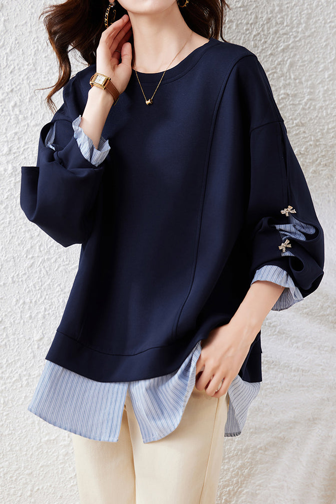 Layered Look Drop Shoulder Striped Contrast Sweatshirt - liwisi
