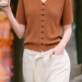 Elegant Commuter V-Neck Vertical Ribbed Knit Top