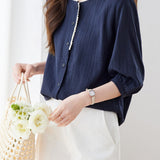 French Commuter Crew Neck Lace Trim Three-Quarter Sleeve Blouse
