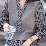 Elegant Commuter V‑Neck Ribbon‑Spliced Plaid Long‑Sleeve Shirt