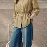 Elegant Commuter Tie Waist Lapel Seven-Quarter Sleeve Blouse