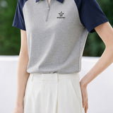 Elegant Commuter Raglan Color Block Star Embroidery Half-Zip T-Shirt