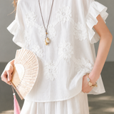 French Elegant 3D Floral Lace Sleeve Spliced Crew Neck Short-Sleeve Blouse