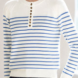 Elegant Commuter Horizontal Stripe Half-Placket Long Sleeve Knit Top