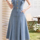 French Commuter Denim Ruffled Tank Dress