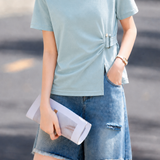 Casual Commuter Crew Neck U-Buckle Ring Waist-Cinched Irregular Plus-Size T-Shirt