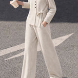 Casual Crew Neck Diagonal Button Tie Long Sleeve Knit Top & Wide Leg Pants Set