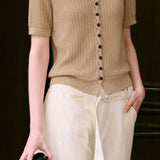 Elegant Commuter V-Neck Vertical Ribbed Knit Top