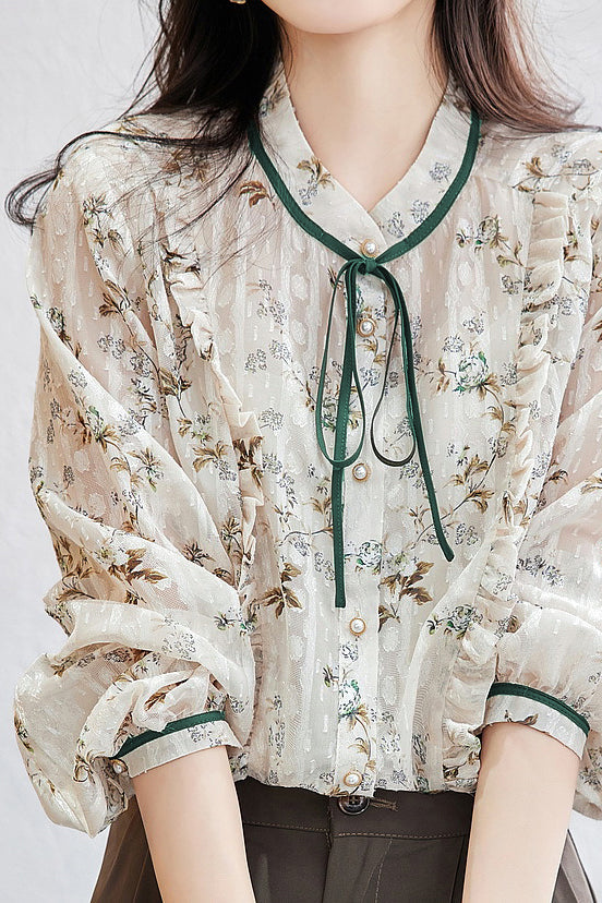 バンドカラー花柄ジャカード加工ブラウス - liwisi