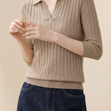 Casual Wide Ribbed Tie Lapel Knit Top