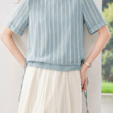 Elegant Commuter Vertical Striped Ruffled Side Drawstring Chiffon Top