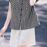 Elegant Commuter Lapel Button Plaid Short-Sleeve Blouse