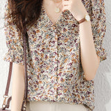 V-Neck Shirring Hem Floral Blouse