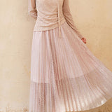 Exquisite Date‑Style V‑Neck Tie Long‑Sleeve Top & Pleated Midi Skirt Two‑Piece Set