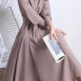 Elegant Commuter Lapel Waist-Cinched Long-Sleeve Shirt Dress
