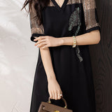 Side Rhinestone Decor Glen Check Contrast Dress