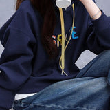 Casual Drawstring Letter Embroidered Hooded Sweatshirt