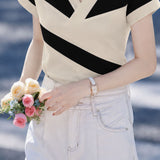 Exquisite Elegant Commuter V-Neck Contrast Short-Sleeve T-Shirt