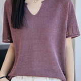 Elegant Seamless Integrated V-neck Short Sleeve Knit Top
