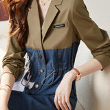 Notch Lapel Color Denim Contrast Drawstring Dress