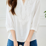 Casual Textured Embroidered Lantern Sleeve Shirt
