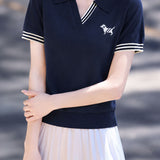 Elegant Commuter Contrast Stripe Puppy Embroidery T-Shirt