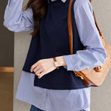 Knit‑Spliced Fake Two‑Piece Stripe Shirt