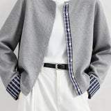 Casual Round Neck Fake Two-Piece Plaid Color Block Long Sleeve Cardigan
