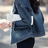 Exquisite Commuter Cropped Denim Jacket With Oversized Lapels & Metal Buttons