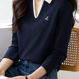 Contrasting Skipper Collar Logo Embroidered Long Sleeve T-Shirt