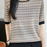 Temperament Color Block Stripe Short Sleeve Knit Top