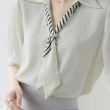 Skipper Collar Logo Striped Scarf Decor Satin Blouse