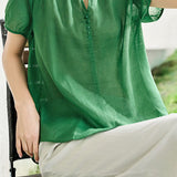 French Elegant Crew Neck Puffed Short-Sleeve Blouse