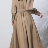Elegant Commuter Lapel Waist-Cinched Long-Sleeve Shirt Dress