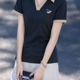 Elegant Commuter Contrast Lapel Swan Embroidery Short-Sleeve T-Shirt