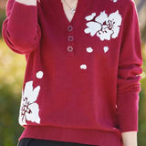 Elegant Commuter V-Neck Jacquard Long Sleeve Knit Top