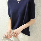 Elegant Commuter Crew Neck Color Block Knit Short-Sleeve T-Shirt