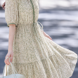 Fresh Lace Spliced Drawstring Floral Dress