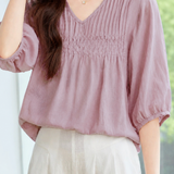 Casual Accordion Pleat V-Neck Cotton Linen Top